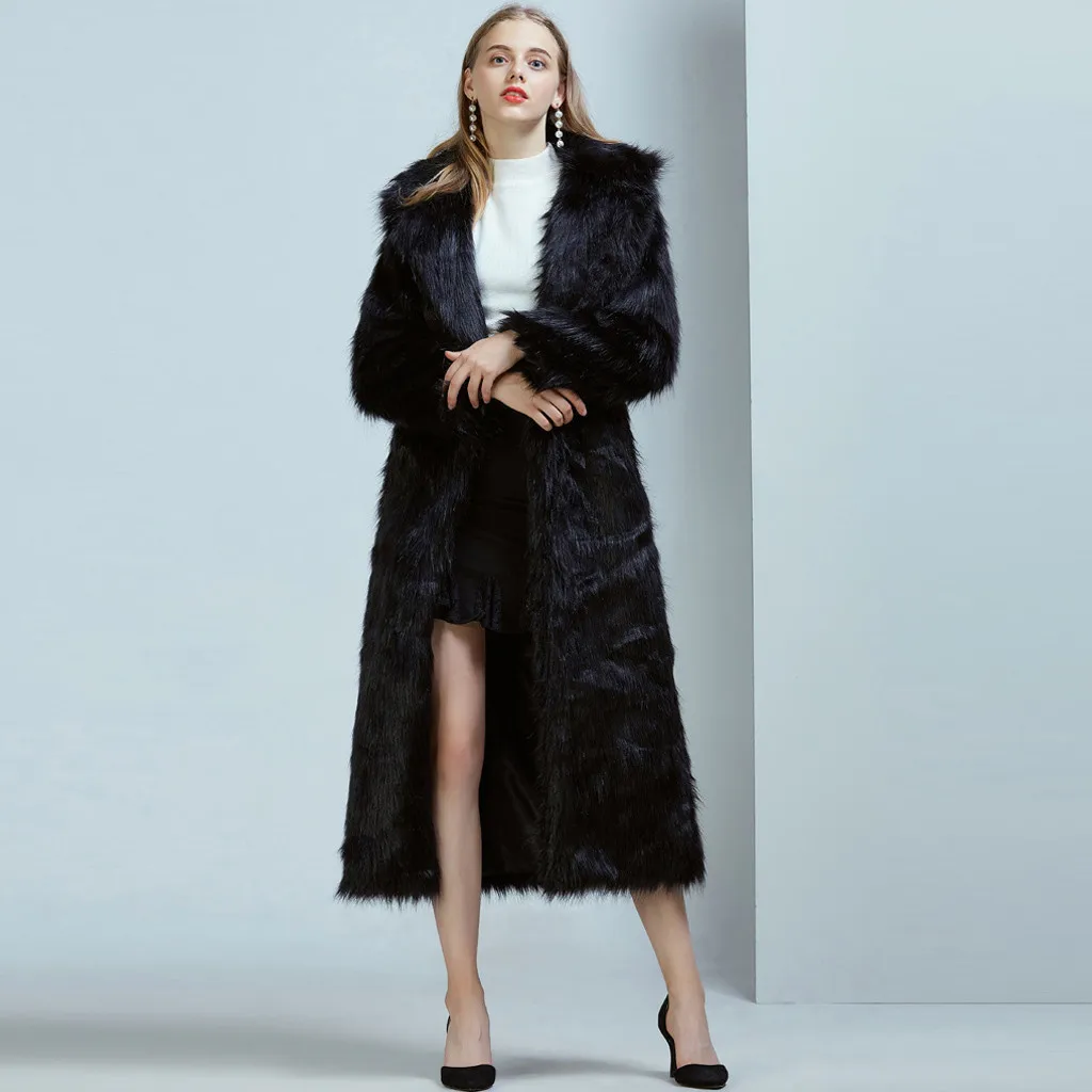 Ladies Faux Fur Wool Lamb Long Coat Fashion Women Outwear Long Sleeves Warm Coat Plush Jacket Long Overcoat Solid Plus Size