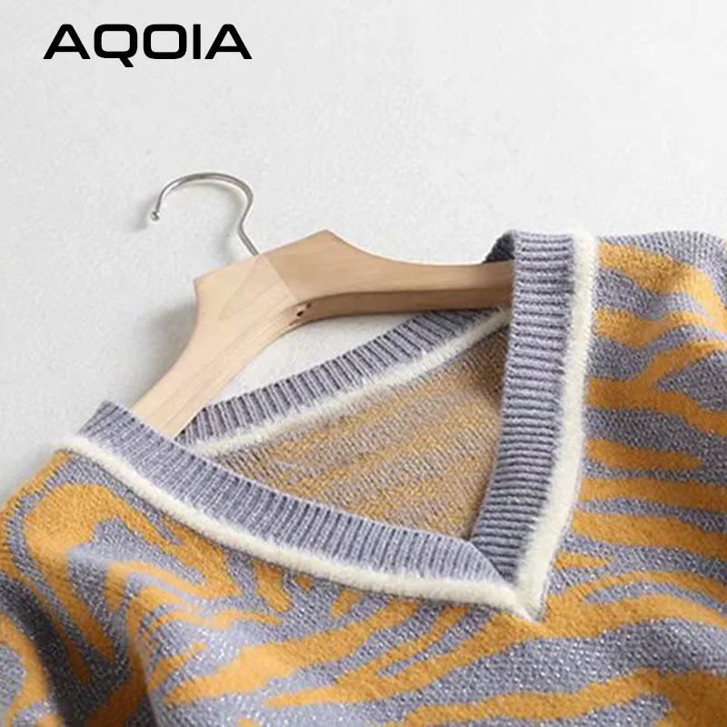 AQOIA, уличная одежда, v-образный вырез, длинный рукав, женский свитер, леопардовая расцветка, вязанные женские свитера, пуловеры,, зимняя женская одежда, Прямая поставка
