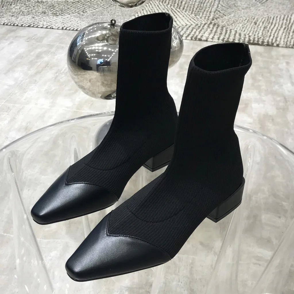 Женские сапоги-носки из эластичной ткани; модные пикантные женские сапоги до середины икры с острым носком на квадратном каблуке; повседневная обувь; botas mujer
