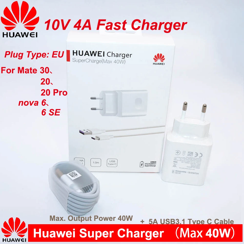 Huawei 40W Charger Original 10V4A Supercharger EU Charge adapter 5A USB type c cable for nova 5 5t pro mate 30 p20 p30 | Мобильные
