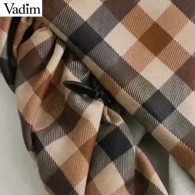 Vadim женский шикарный клетчатый короткий топ клетчатый плиссированный дизайн боковая молния с длинным рукавом Короткая Блузка Женская Повседневная рубашка LB768