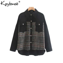 Винтажная стильная клетчатая Лоскутная куртка оверсайз с карманами пальто для женщин модная Свободная Женская верхняя одежда с длинными рукавами шикарные топы