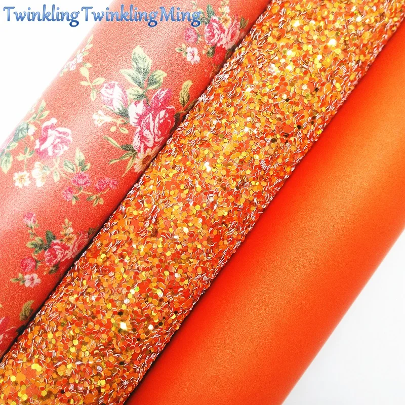 ORANGE Glitter Fabric, Rose Flowers Printed Faux Leather, Synthetic Leather Fabric Sheets For Bow A4 8"x11" Twinkling Ming XM355