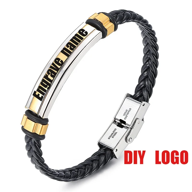 diy logo AZIZ BEKKAOUI Черный Модный Выгравированный именной браслет для мужчин DIY Гладкий кожаный уникальный браслет кожаные браслеты, бижутерия для мужчин - Окраска металла: diy logo