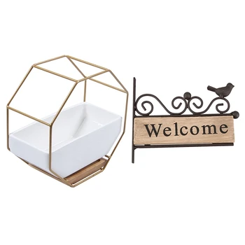 

1 Set Table Succulents Ceramic Flower Pot Bamboo Tray Iron Frame Set & 1 Pcs Plaque Wood Bird Welcome Door Sign