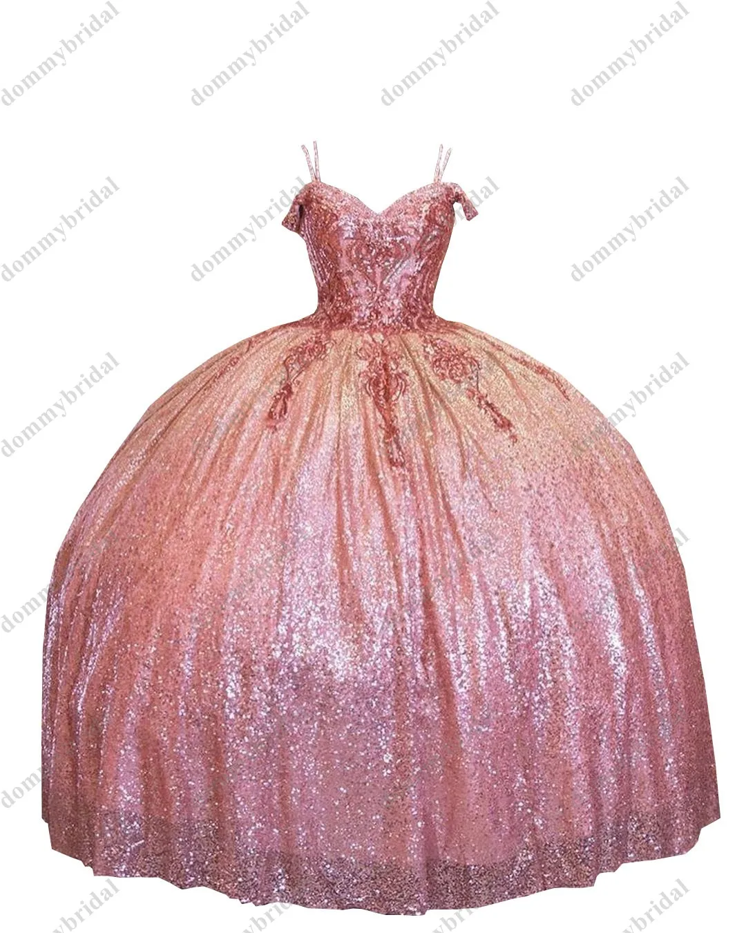 

Glitter Rose Gold Ball Gown Cold Shoulder Sequined Quinceanera Formal Dresses for Women Girls with Sleeves Charro Mexican Long