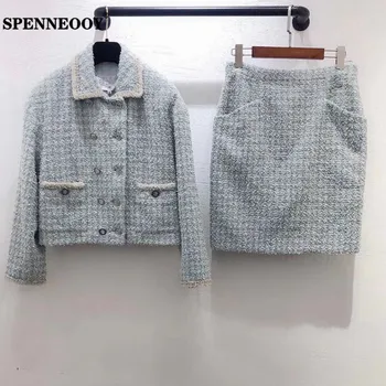 

SPENNEOOY Designer Custom Runway Women Spring Coarse Weaving Office Suits Button Silk Lining Tops And Ladies Skirt Two Piece Set