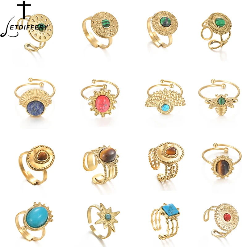 Letdiffery New 16styles 14K Gold Stainless Steel Bohemian style Blue Crystal Irregular Geometric Open Rings Jewelry for Women | Украшения и