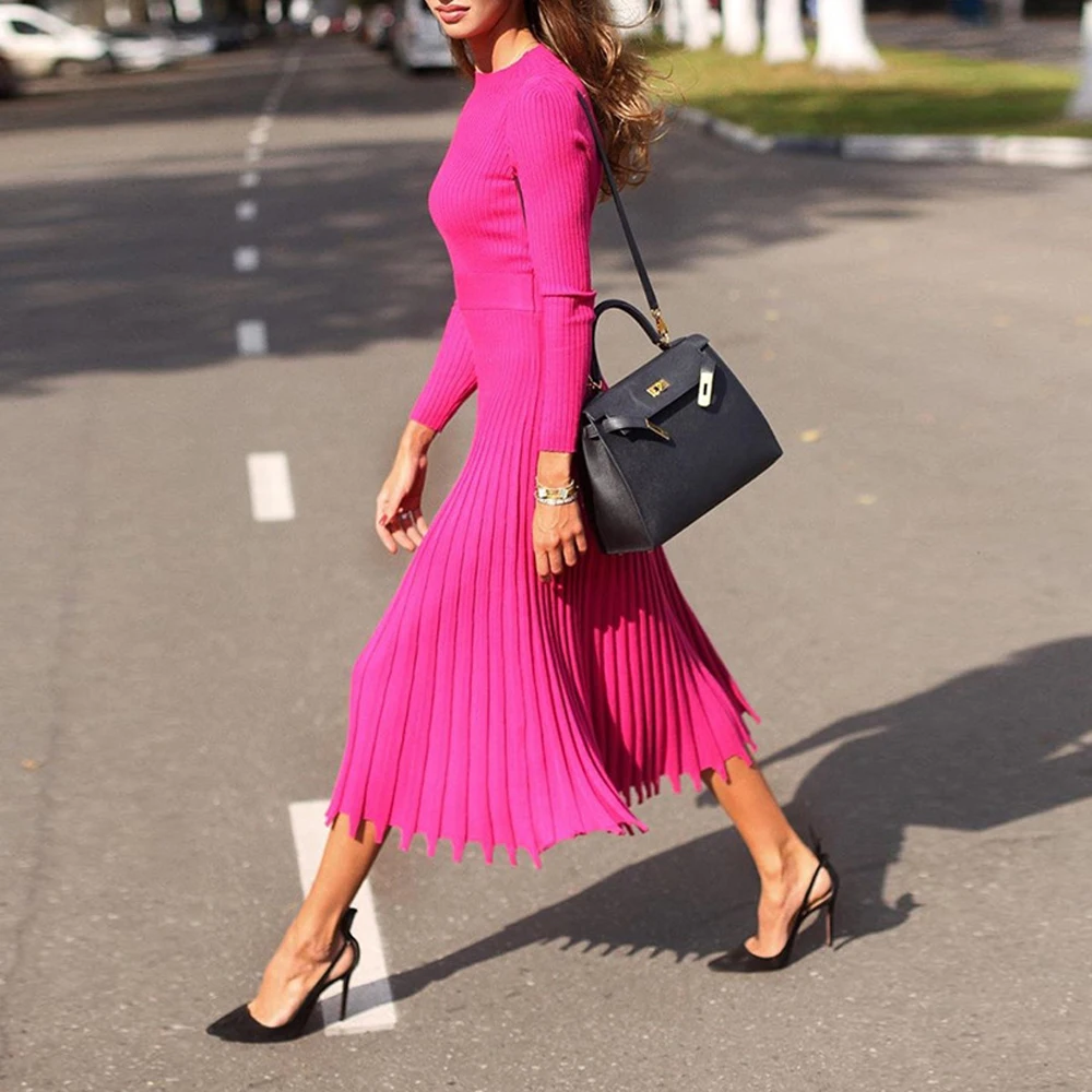 Chic Long Knit Maxi Women Sweater Dress Sexy Slim Spring Pleated Dress  Female Rib Elegant A Line Dress Office Lady - Dresses - AliExpress