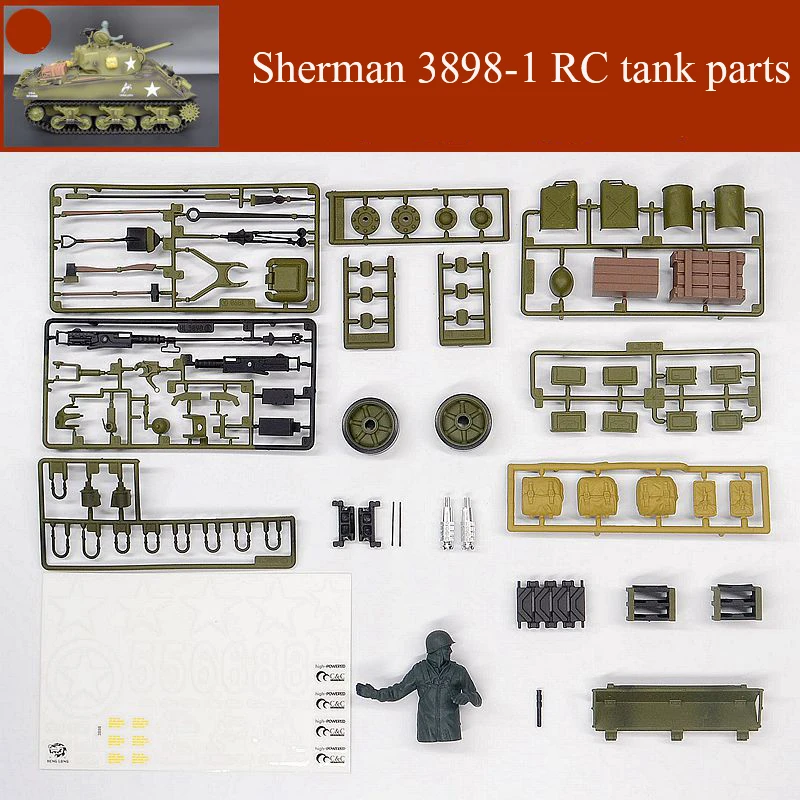 

1Set Sherman 3898-1 Self-assembly Accessories Sticker/Oil Drum/Helmet/Shovel/Decorative Parts for 1/16 Henglong RC Tank Model