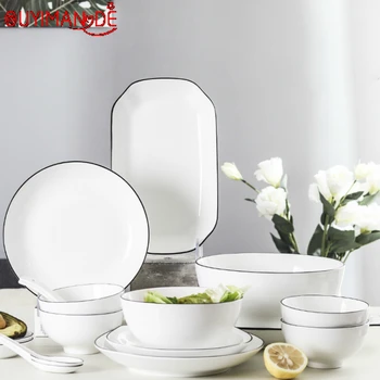 

OUYIMANDE Simple Dishes Set Home French Black Line Ceramic Combination 4-6 People Underglaze Color Bone China Tableware