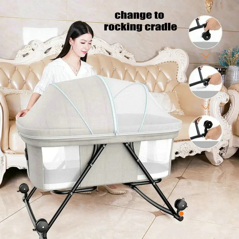 Berceau Bébé Pliable Berceau Portable de Voyage avec Moustiquaire et Roue  Universelle 106*92*55cm (Gris)