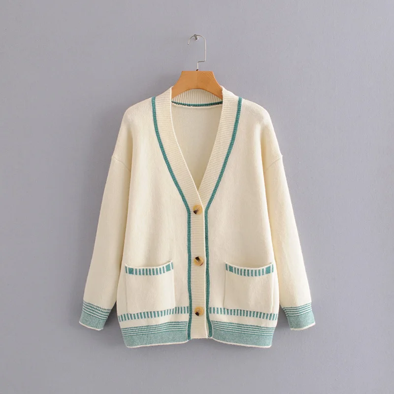 Осенний женский свитер, куртка, вязаный Повседневный джемпер с v-образным вырезом, рукав-фонарик, с карманами, однобортный, для женщин - Цвет: Белый