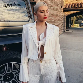 

2020 Fashion Women's Club Party Set Flare Long Sleeve 3 Piece Striped Lapel Blazer Fashion Vestidos Sexy Crop Top Trousers