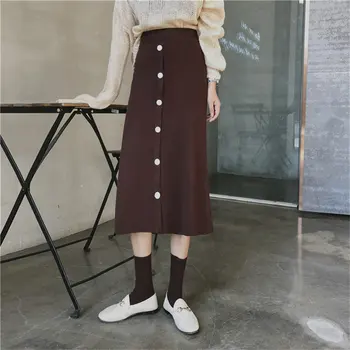 

Hzirip High Waist Office Lady Ruffles High Street Winter Single-Breasted Elastic Vintage Casual Knitted Loose A-Line Long Skirts