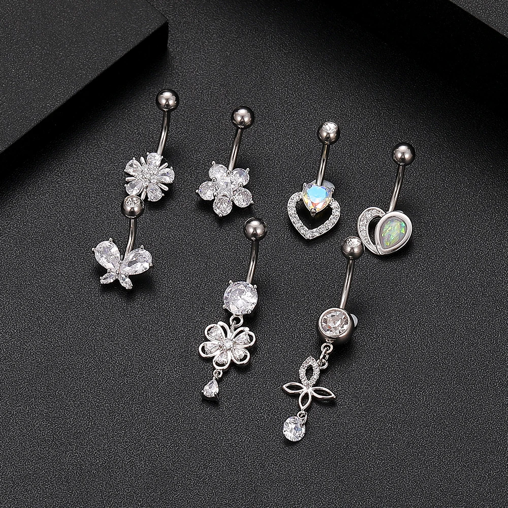 Belly button piercings heart flower butterfly 14g surgical steel crystal zircon