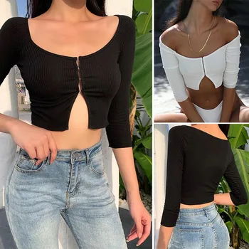 

Women Sexy Crop Tops Solid Color Short T-Shirt One-Line Collar 3/4 Sleeve Exposed Navel Cardigan Tops