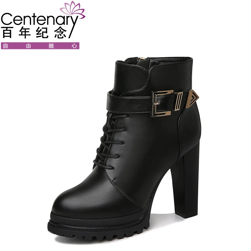 

2019 New Style Korean-style WOMEN'S High Heels Lace-up Martin Boots Side Zipper Bootie Chunky-Heel Women's Centennial 1829