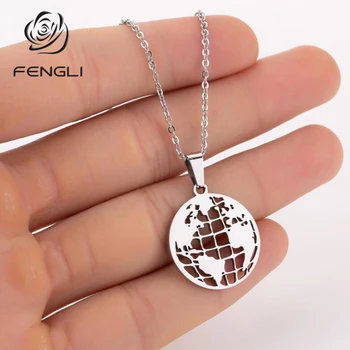 

FENGLI Earth Map Floor Plan Stainless Steel Pendant Necklaces Women Love Latitude and Longitude Chain Medical Geography Jewelry