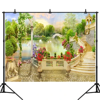 

Romantic Wedding Royal Garden Photography Backdrop Swan Flowers Stone Lions Photo Background Studio Props Photoshoot