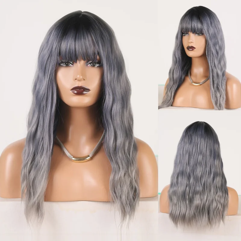 

RONGDUOYI Ombre Hair Synthetic Wigs for Black Women Short Wavy Hair Machine Made Wig High Temperature Cosplay Wig with Bangs