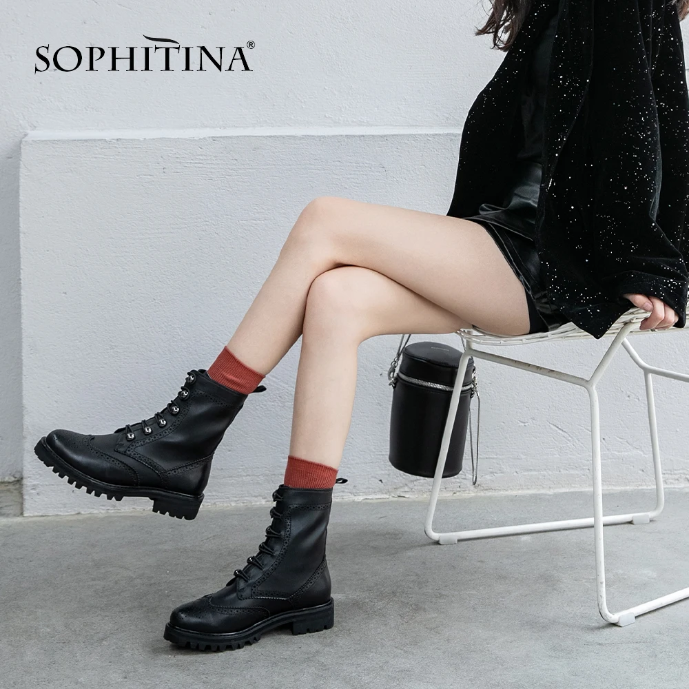 

SOPHITINA Round Toe Boots High Quality Genuine Leather Comfortable Square Heel Handmade Fashion Solid Women's Shoes Boots MO303