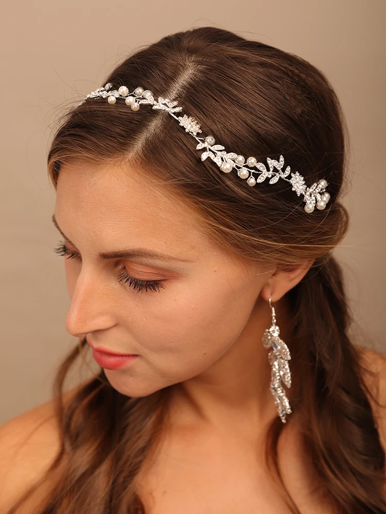 Bridal Rhinestone Flower Tiara Headbands Pearl Hair Jewelry Wedding Hair Accessories Handmade Prom Piece