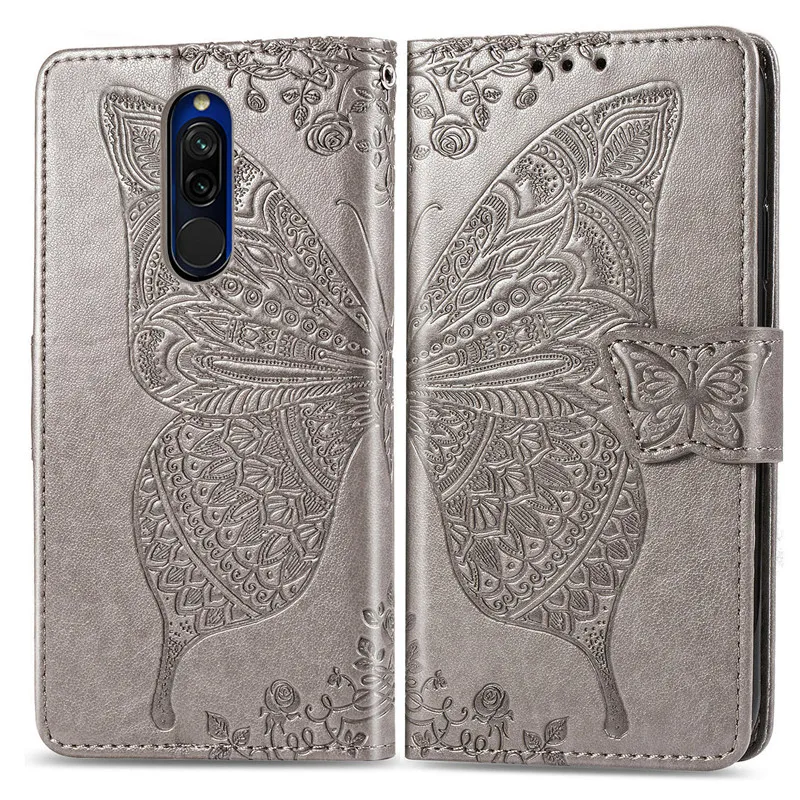 Кожаный чехол книжка с откидной крышкой для Xiaomi Redmi 8 8A бумажником бабочкой