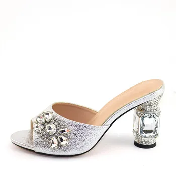 

Latest Silver Party High Heel Pumps African Lady Slipper Shoes With Stones CR100, Heel Height 10CM