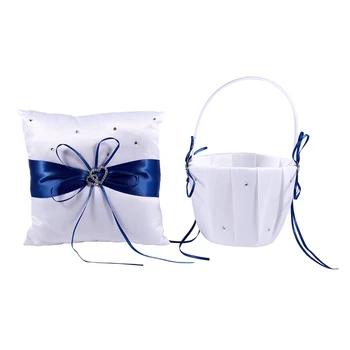 

2 Heart Rhinestones Ivory Satin Flower Girl Basket And Ring Pillow Set for Wedding Royal Blue
