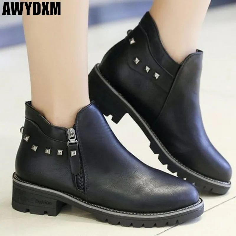Women boots winter ladies Round head waterproof Fur warm Thick heel Martin boot Ankle fashion rivet woman casual shoes Z405 | Обувь