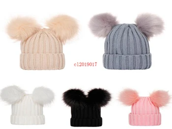 

Children's knitted hat double fur ball hat birthday present