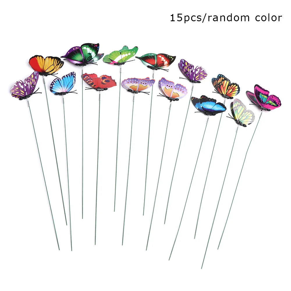15PCS Butterfly 5/10/15 шт. 3D из бабочек; тонкая ручка искусственний Стрекоза со стволом, творческая ручная работа газон орнамент украшения для сада - Цвет: 15PCS Butterfly