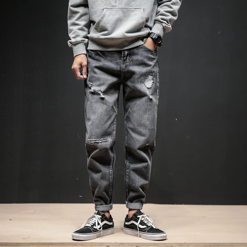 

Autumn New Jeans Men Fashion Washed Retro Torn Holes Denim Trousers Men Streetwear Hip Hop Loose Straight Jean Pants M-5XL