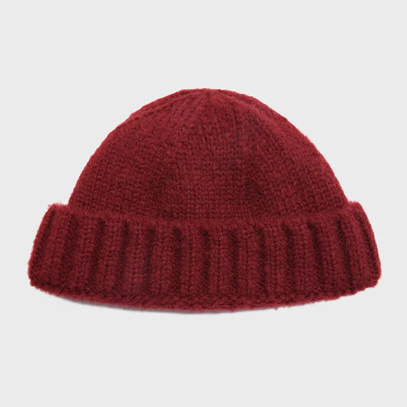 Мужская вязаная шапка Skullcap без полей, хип-хоп шапки в стиле ретро, модные ребристые зимние теплые вязаные шапки Skullcap унисекс, короткие шапки-бини с дыней - Цвет: Бургундия
