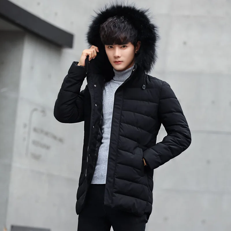 Autumn& Winter New Style Men Thick Hooded Large Fur Collar Mid-length down Jacket Cotton-padded Clothes Youth Origional Hong Ko