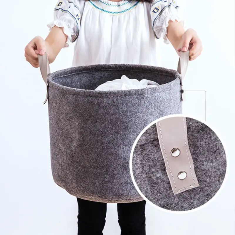 Storage Basket Organizer Bin Large Woven Felt Round With Handle Collapsible 1pcs