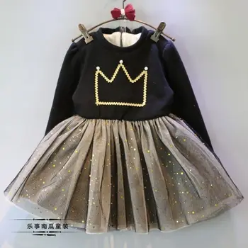 

INS hot baby girls dress 1-7 years old Girls Knit Dress Crown pearl cotton velvet dress Autumn and winter children's clothing