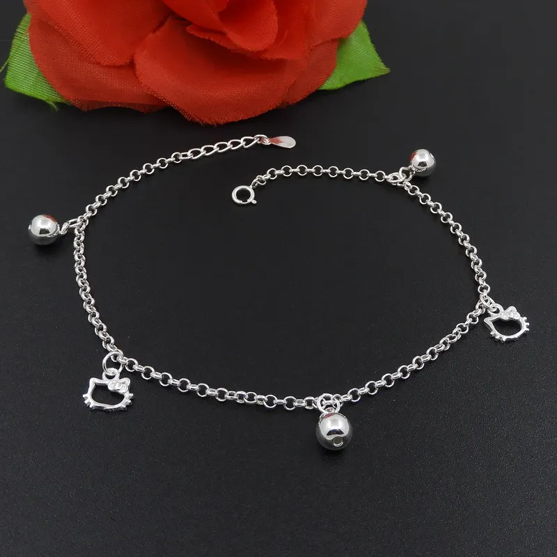 

990 Fine Silver Anklet Pure Silver KT Cat Bell Anklet Fashion Summer Women's Anklet Fine Silver