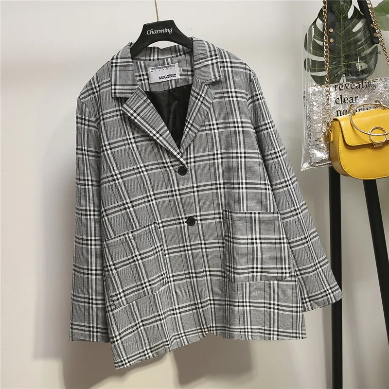 Autumn плюс размер осенний клетчатый женский Блейзер Куртки с карманами винтажный однобортный пиджак костюмы пальто большой размер блейзеры верхняя одежда - Цвет: gray