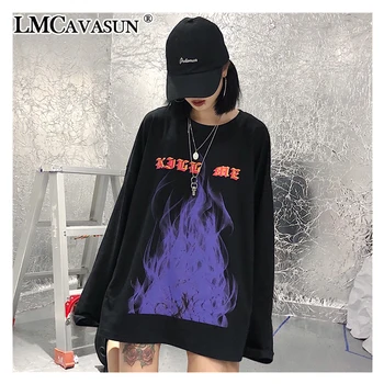 

LMCAVASUN Autumn Winter Harajuku Flame Batwing Sleeve Casual Long Women Tide Printed Sweatshirt Loose Boyfriend Pullovers
