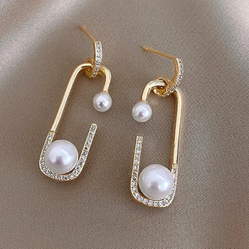 

Pearl Crystal Dangle Drop Earrings For Women Temperament Geometric Rectangle Korean Earring Wedding Fashion Jewelry 2020 New