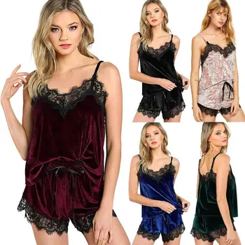 

Women Ladies Lace Sleepwear Shorts Velvet Pajamas Sets Lingerie V-neck Camis And Shorts Nightdress Pajamas Set