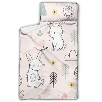 

Cute White Bunnies In Forest Nap Mat with Pillow for Toddler Boys and Girls Ideal for Daycare and Preschool
