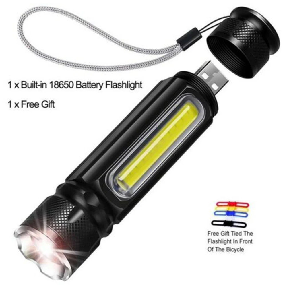 

Led Flashlight Rechargeable Zoomable T6 Cob Torch Side Work Light Emergency Lamp Usb Charging With Magnetic Base For Outdoor