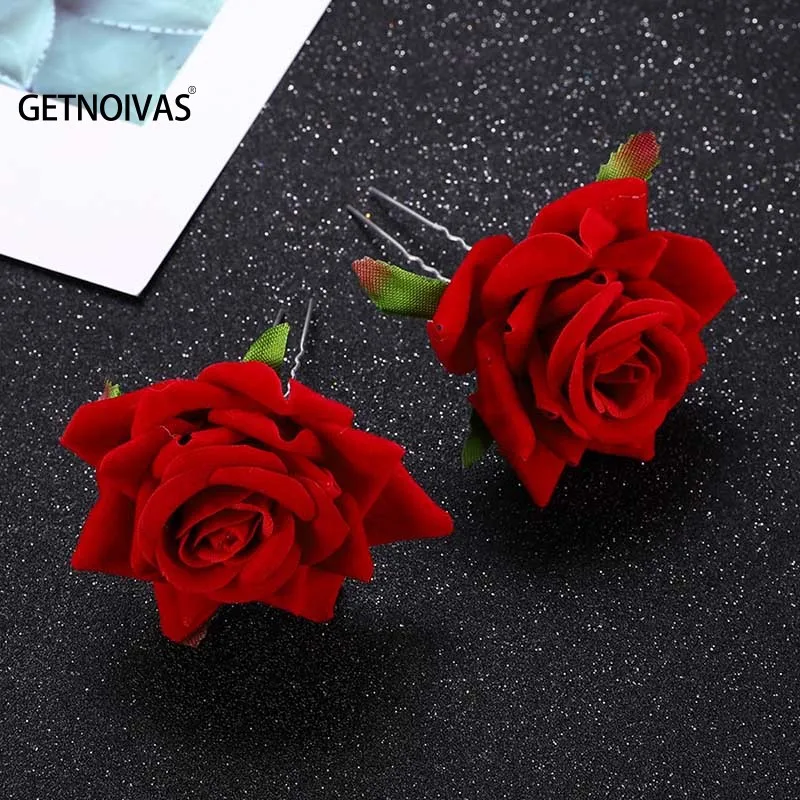 Jewelry Accessories Hair Accessory Hair Headdress Bridal Headwear U Type Red Rose Wedding Bride Jewelry Women Hair Accessories Hair Fork Silk Flower Headdress Handmade Bridal Party Headpieces SL