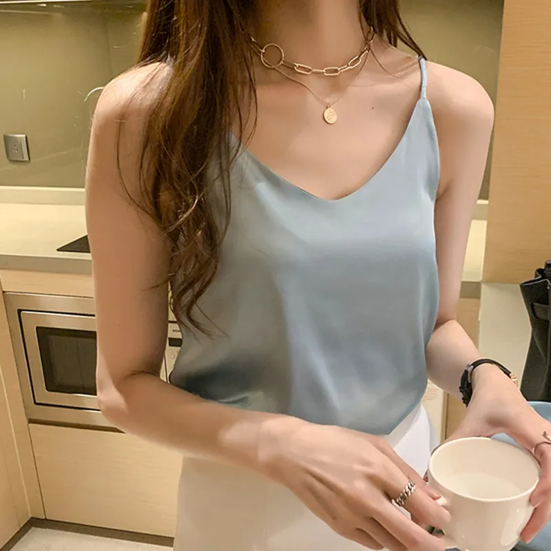 

Korean Silk Women Tank Top Woman Sleeveless Satin Tops Women V-neck Strap Camis Plus Size Sexy Halter Top Woman White Tops Camis