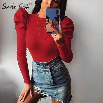 

Long Puff Sleeve Body Suit Lady Knitted Rompers Outfits Black Red 2020 New Skinny Femme Elegant Women Bodysuits Bodycon G1209