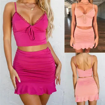 

2020 Women Lace Sleeveless Strap V-neck Sling Tank Crop Tops High Waist Folds Ruffle Short Mini Skirts Party Women Dresses 2PCS