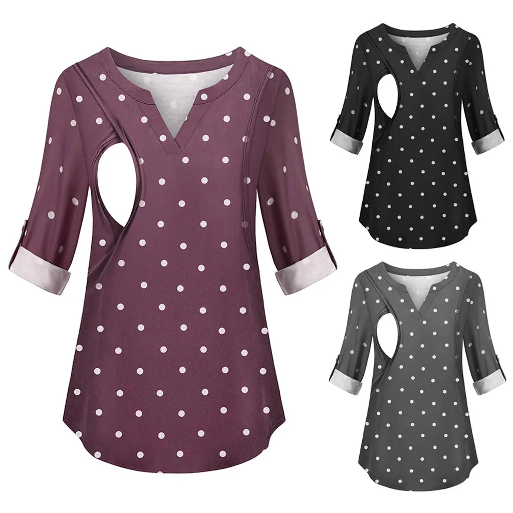 Maternity Tops Winter Nursing Shirt Dot Print V Neck Breastfeeding Clothes Elegant Long Sleeve Nurse Pregnant Women Clothes 19Ot